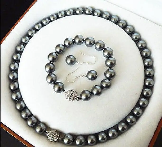 

FREE SHIPPING HOT sell new Style >>>>AAA+ 10MM Dark gray SOUTH SEA SHELL PEARL NECKLACE BRACELET EARRING SET