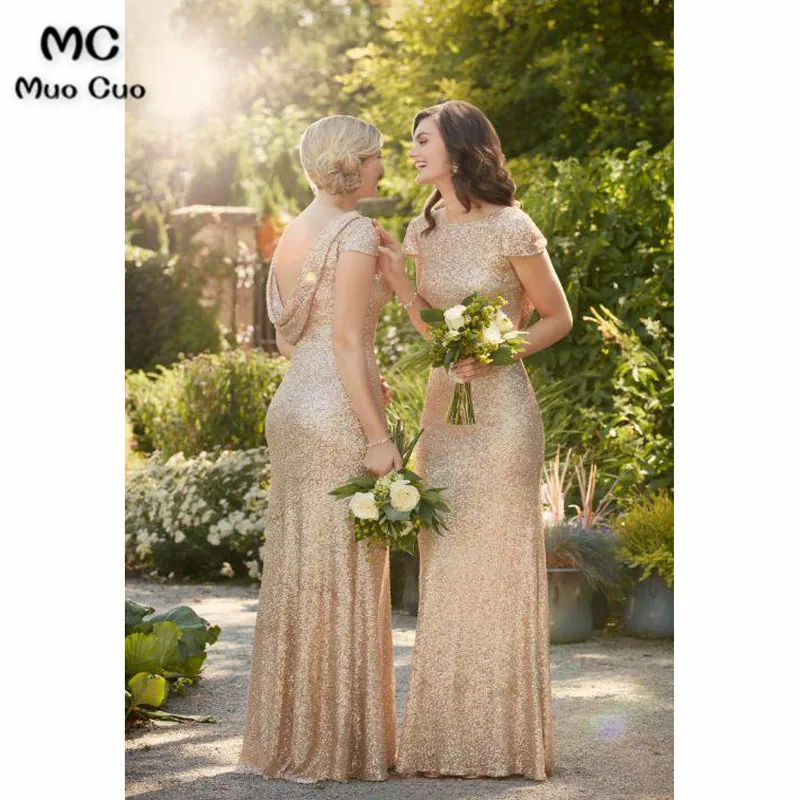 Mermaid Gold Lace Bridesmaid Dresses Short Sleeves Long Sparkly Formal Dress4