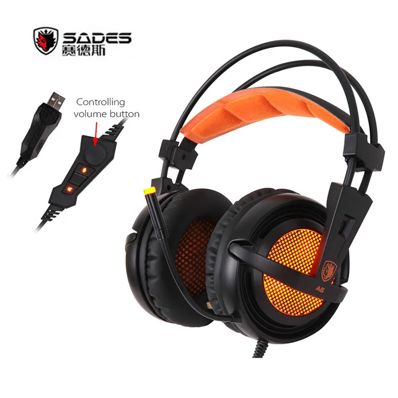 Sades A6 USB Gaming Headphones 7.1 Virtual Surround Sound Professional Gamer Headsets with Mic LED Lights for Computer PC Gamer sades a70 2017 new 7 1 virtual surround sound usb gaming headset with microphone control breathing led lights lamp for pc gamer