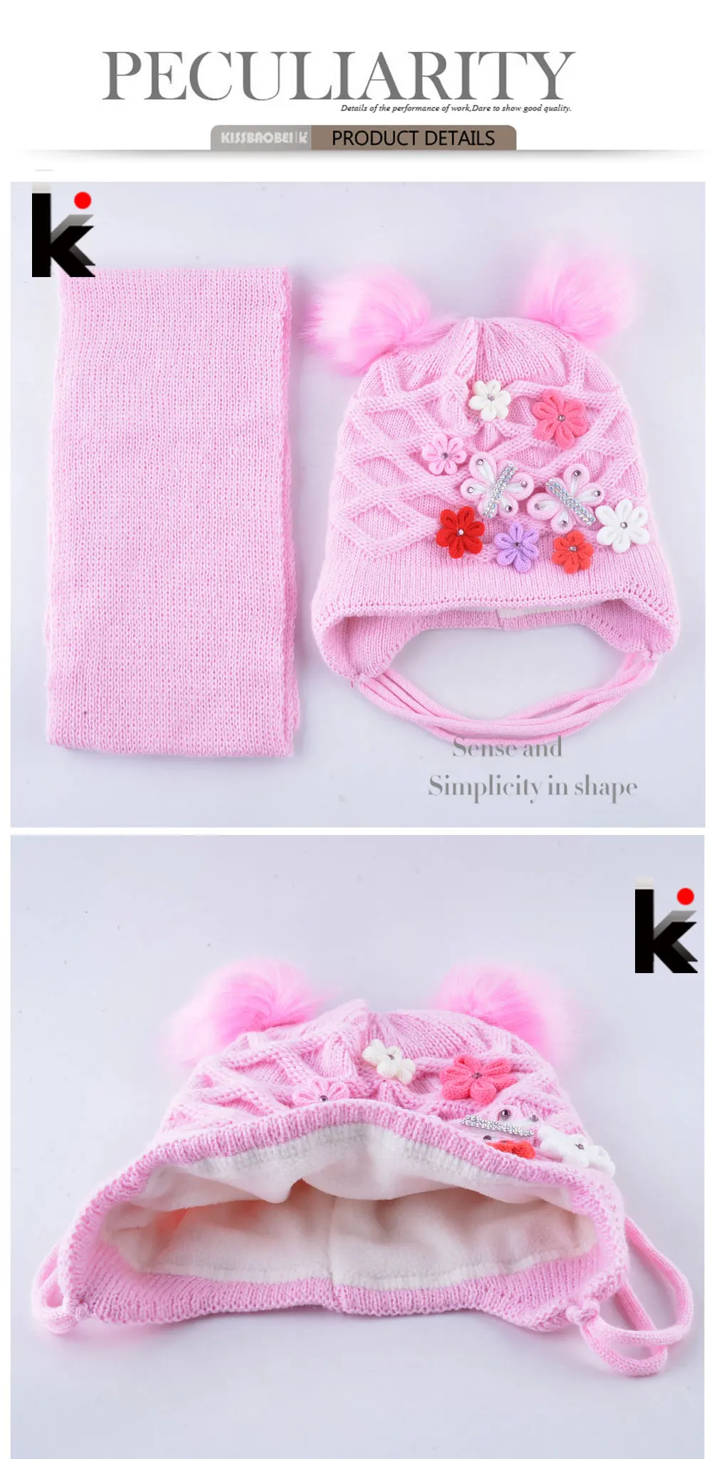 Зимняя шапка шарф комплект для детей милые двойной помпоны вязаная шапочка для маленьких девочек плотная вязаная шапки с бабочками и цветами с ушками комплекты для детей