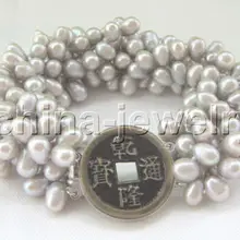 Красивая " 6row 7-8 мм серый барокко пресноводного жемчуга браслет благородный стиль Природный тонкой jewe Быстрая