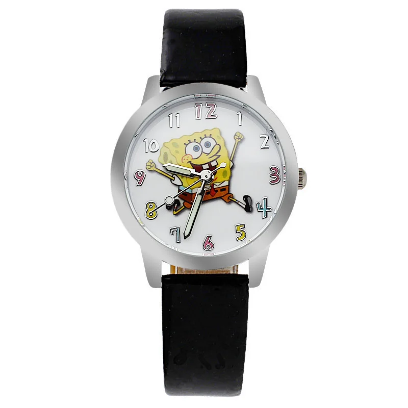 Часы для мальчиков и девочек с надписью «Spongebob», с циферблатом, с кожаным ремешком, кварцевые часы, подарок для детей, детские часы, платье
