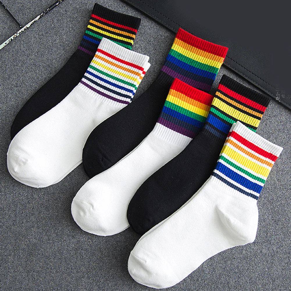 New 1 Pair Women Black White Rainbow Striped Socks Summer Girls Student Rainbow Stripe Wind Sport Casual Sneakers Socks