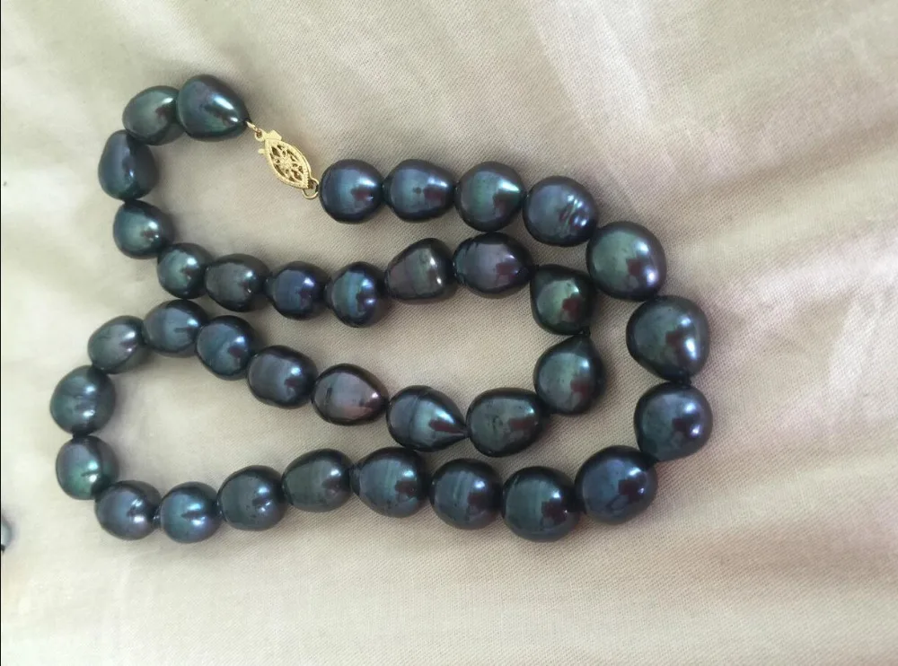 

Free Shipping >>>>>stunning12-13mm tahitian baroque peacock green pearl necklace 18inch14k