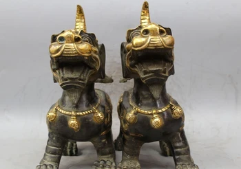 

13" Chinese Bronze Gild Wealth Foo Dogs Pi Xiu Exorcise Evil Spirits Unicorn Bea