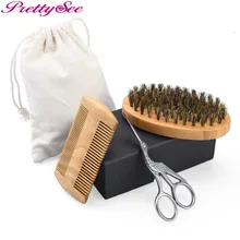 

PRETTYSEE 3Pcs Men Hair Brush Handle Wood Comb Bristle Brush Beard Shaping Tool Natural Sandalwood Comb Beard Trimming Scissors
