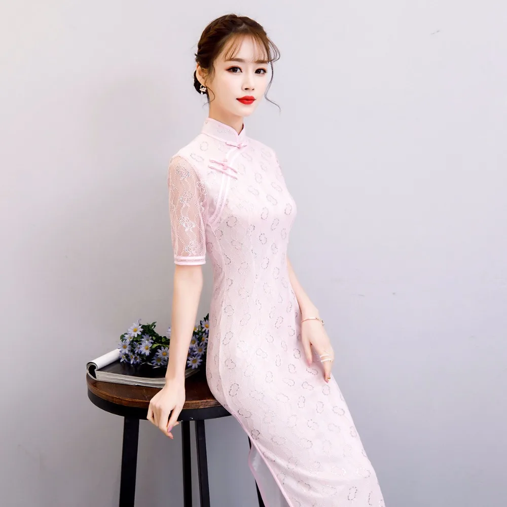 Пуговица ручной работы Qipao Винтаж китайский воротник Qipao Новинка Тонкий кружева сетки Ципао с коротким рукавом Vestidos Размер S-2XL