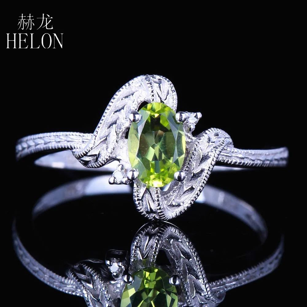 

HELON Solid 10kt White Gold Oval Genuine Peridot Natural Diamond Vintage Antique Art Deco Engagement Wedding Fine Ring wholesale