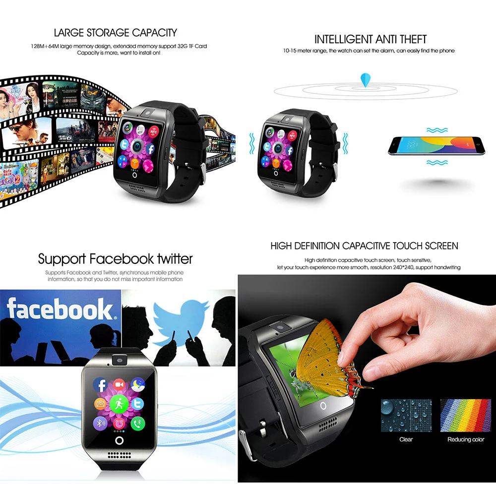 Bluetooth Смарт-часы Q18 с сенсорным экраном Смарт-часы с камерой SIM/TF слот для карт спортивные фитнес-трекер Смарт-часы для мужчин