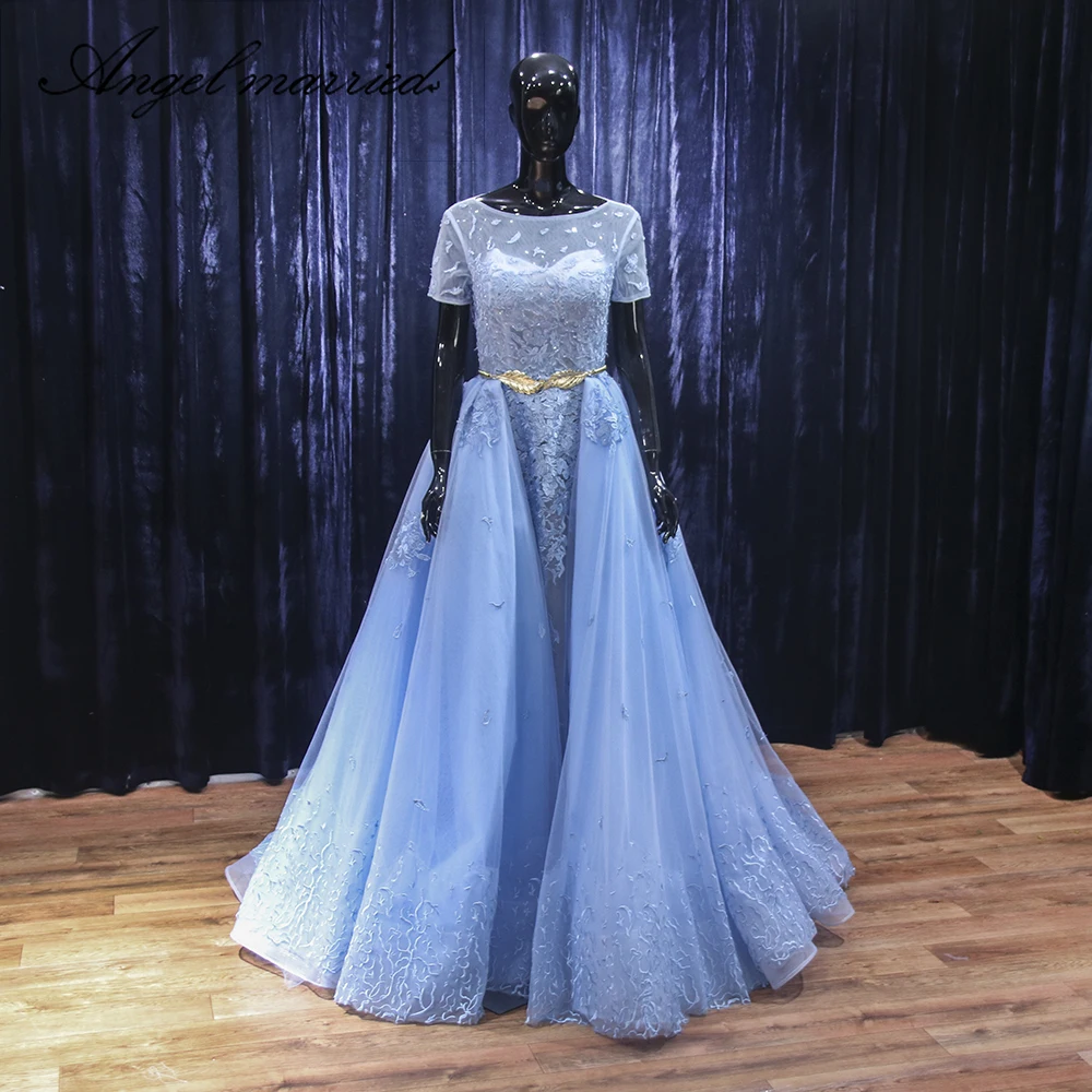 

Angel married light blue evening Dresses backles lace prom dress appliques women formal party dress 2019 vestido de festa