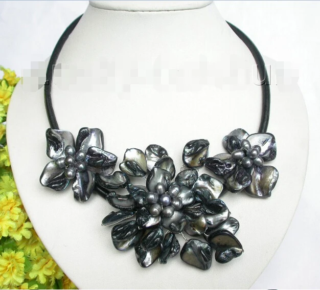

shipping black pearl seashell choker leather necklace j7460