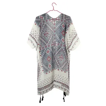 

Bohemian Style Kimono Cardigan Beach Cardigan Blouse And Top Geometric Print Summer Shirts Women Irregular Long Tassel Beachwear