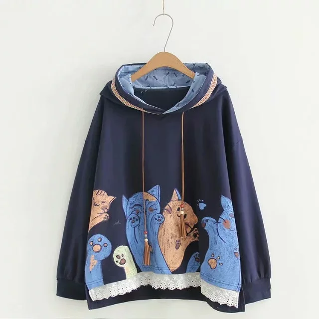 

Japanese Mori Girl Vintage Retro Boho Embroidery Kitten Print Knitted Cotton Harajuku Hoodies Women Autumn Sweatshirts Pullovers
