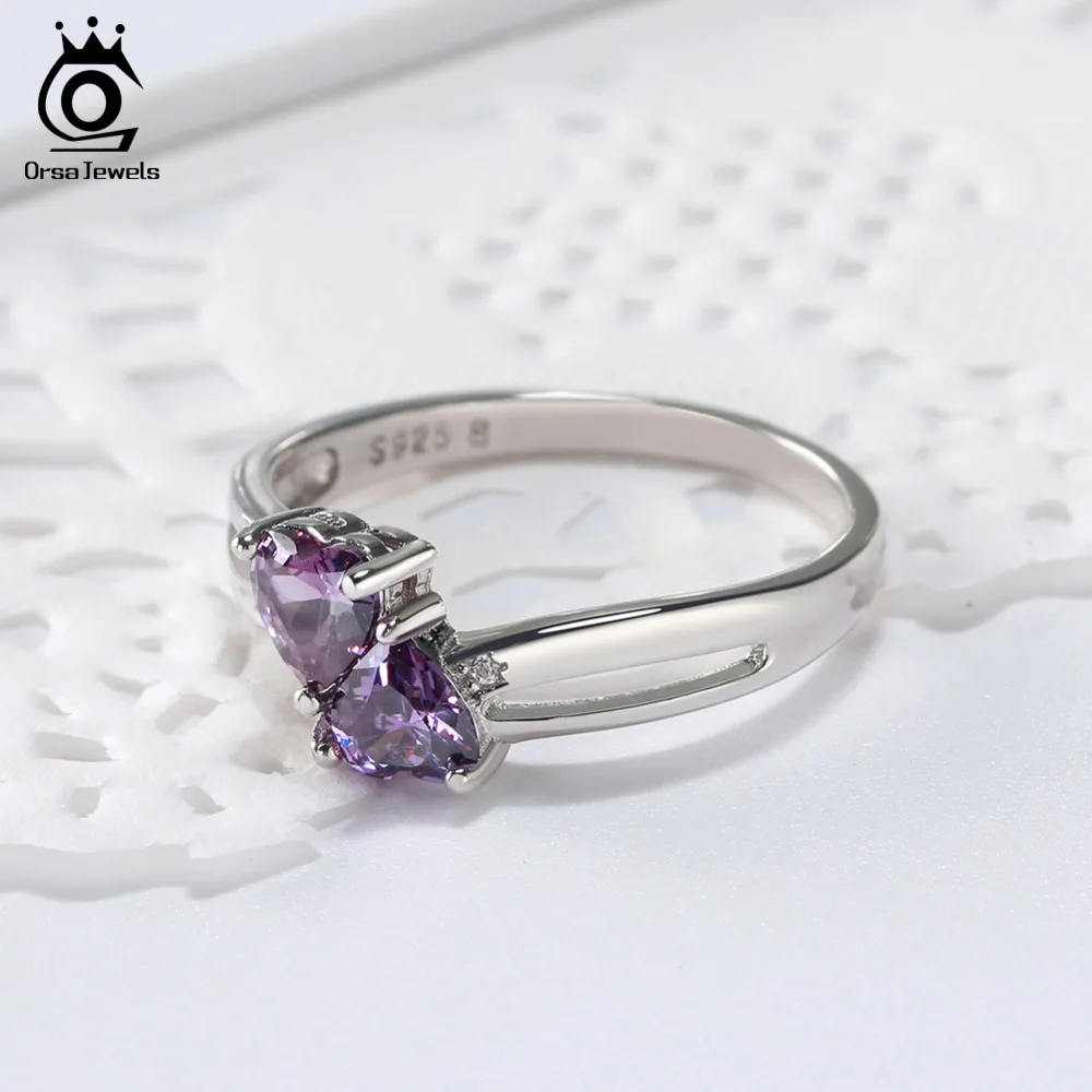 ORSA JEWELS 100% 925 Sterling Silver Women Rings Cute Double Heart Design AAA Purple Cubic Zircon Fashion Jewelry Ring SR58-P