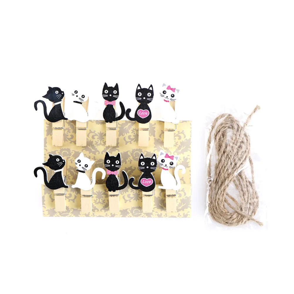 

Kawaii Wood Photo Paper Clip Lovely Cat Mini Car Bee Egg Wooden Clips With Hemp Rope Party Decoration 10pcs Mini Nice Food Clip