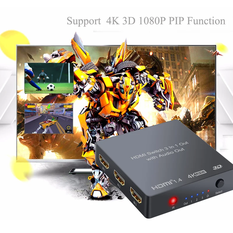 Neoteck 3x1 HDMI Switch with Audio Extractor Optical Output 4K 3D 1080P PIP Picture-In-Picture HDMI Switcher With Remote Control