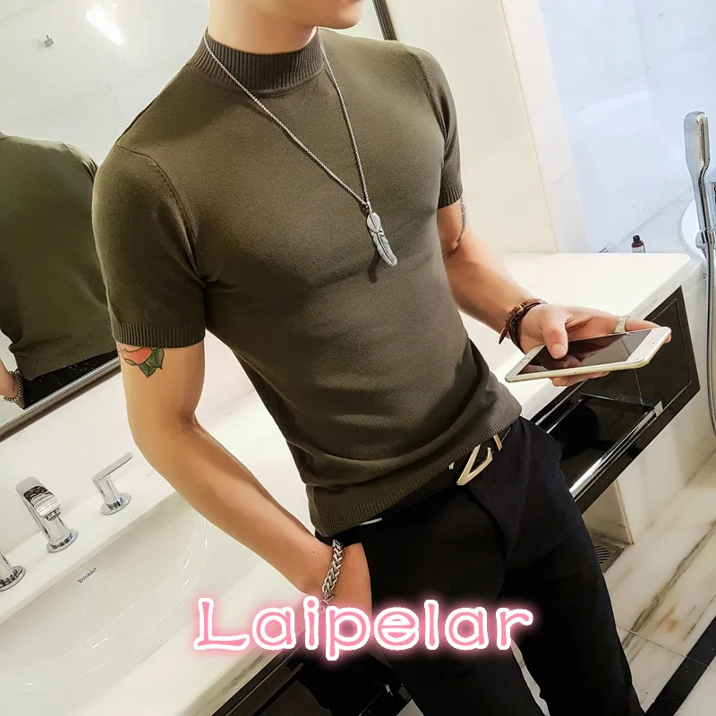 High Quality Knitted Short Sleeve T Shirt Men Slim Fit Half High Collar Solid Bottom Mens T Shirts Summer New Tee Shirt Homme T Shirts Aliexpress