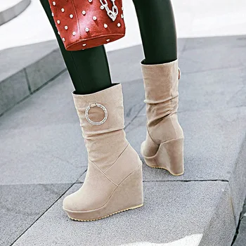 

European casual style round head nubuck mid calf boots fashion crystal pleated platform high heel wedges women's riding boots