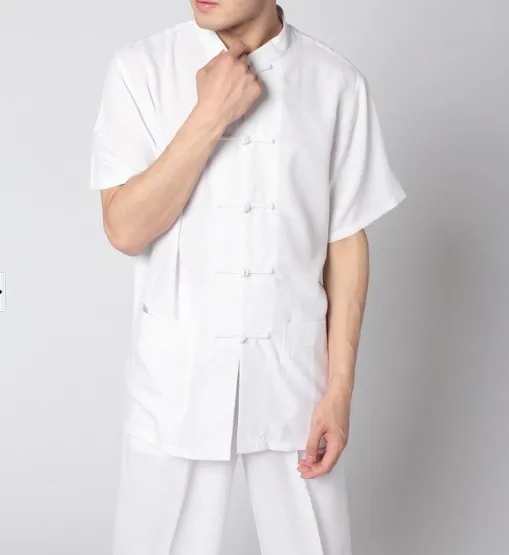Высокое качество бежевый Китайский Мужской костюм Тан льняной Кунг-Фу рубашка Топ Wu Shu блуза Размер S M L XL XXL XXXL MS003 - Цвет: White