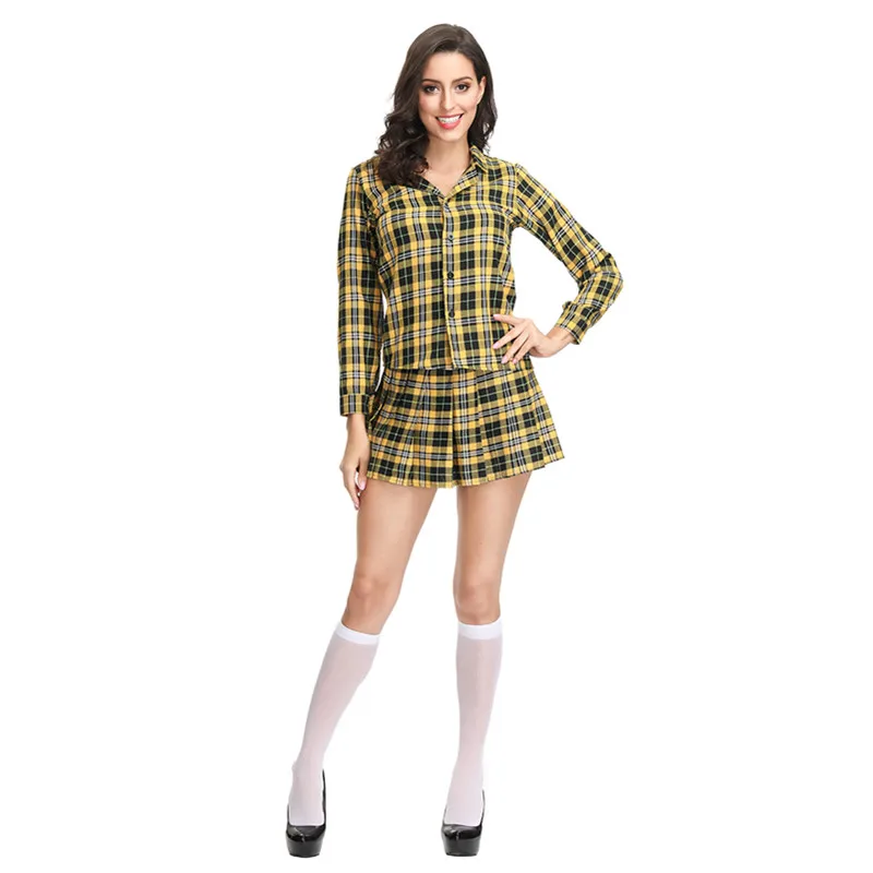 

Halloween Costumes for Womens Adult School Girl Costumes Long Sleeve Yellow Plaid Top with Skirt Uniforms Sexy Clubwear