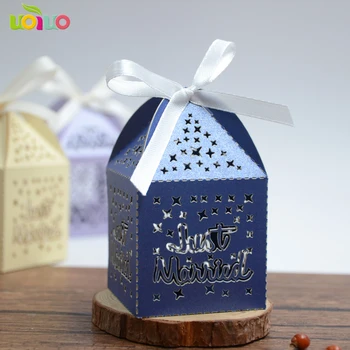 

50pcs Laser cut naby blue Wedding Candy favor box,pearl color paper candy box,baby shower birthday gift free logo just married