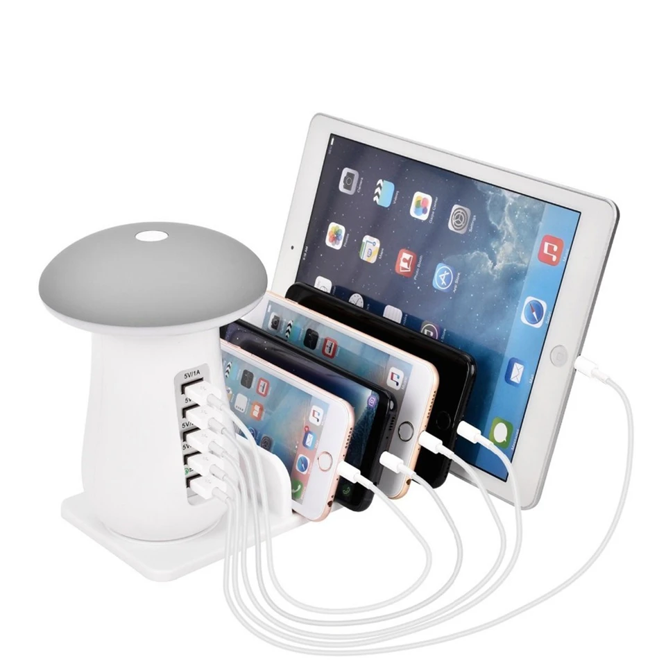 

Mushroom LED Night Light Desk Lamp with 5 Ports Travel USB Charger Charging Power Stations For smartphone iPhone iPad Samsung