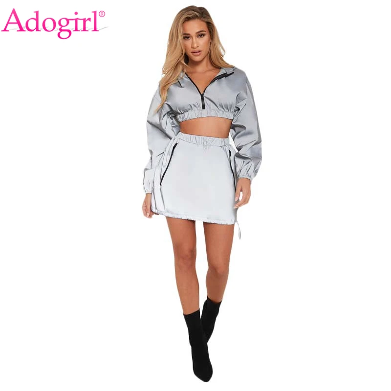 Adogirl النساء عاكسة رياضية سستة طويلة الأكمام قمصان سويت شيرت بقلنسوة المحاصيل أعلى + جيوب البسيطة تنورة ليلة النسخة 2 قطعة مجموعة