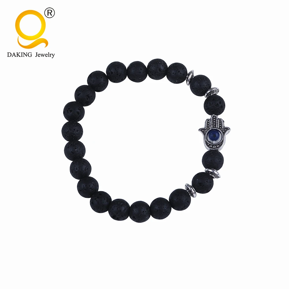 

Trendy 8mm stone bead with charm bracelet lava stone Buddha bracelet with hand & leopard head for couple bracelet