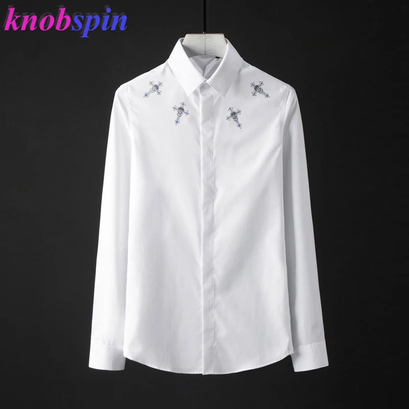 

2019 Brand Slim Shirt men Cross Skull design Solid color long sleeve Camisas masculina Plus size 4XL Business male Dress Shirts