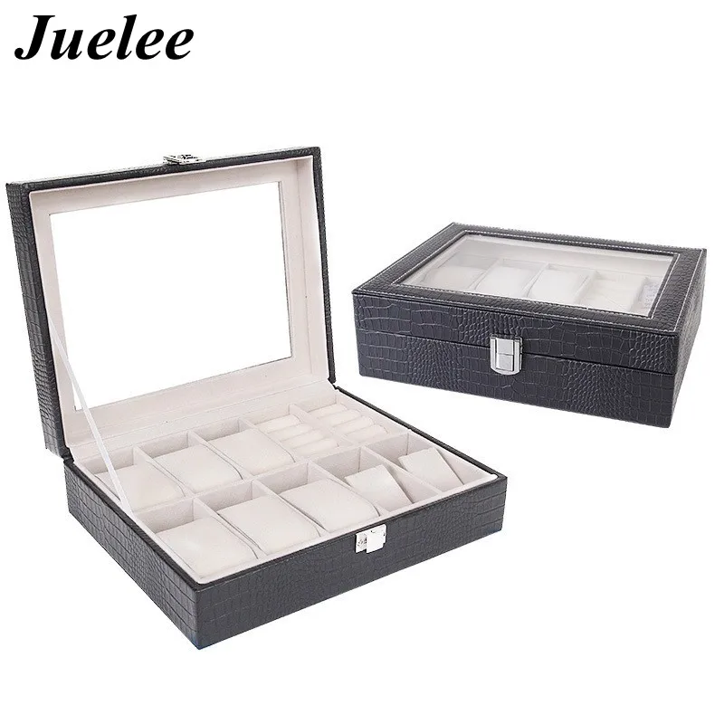 

Juelee 10 Slot Crocodile Grain Pattern Watch Jewelry Box Necklace Earring Container Boxes Makeup Case Cosmetic Organizer