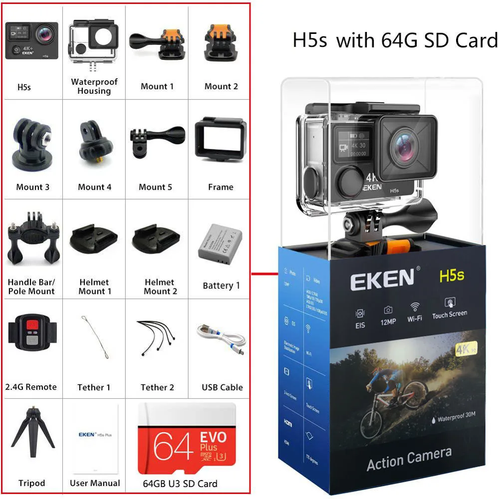 Eken H5s Plus& H5s Ultra HD 4K+ Экшн-камера 12 МП с EIS 100 футов Подводная Водонепроницаемая камера с дистанционным управлением спортивная видеокамера sony сенсор - Цвет: H5S with 64G SD Card