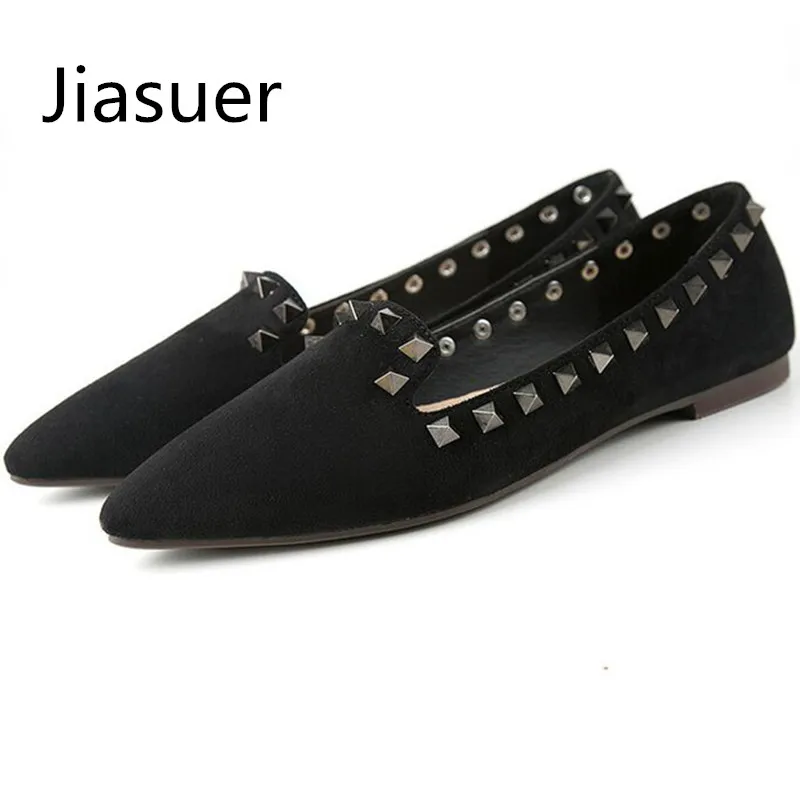 Jiasuer Spring New Fashion Casual Women Pointed Toe Rivet Flat Bottom