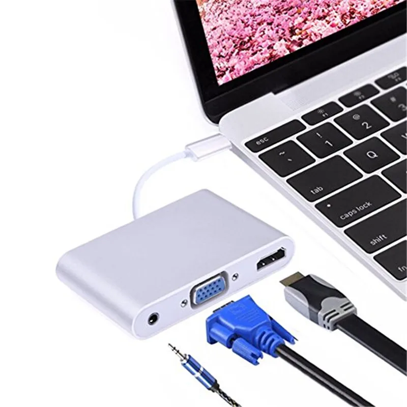USB C HUB to HDMI VGA 3.5mm Audio Ports for MacBook Pro/Pixel/HP /Asus