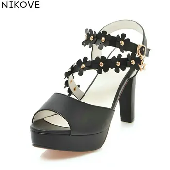 

NIKOVE 2018 Thin High Heels Women Sandals Summer Flower Platform 2.5cm PU Sandals Buckle Strap Elegant Shoes Woman Size 34-43