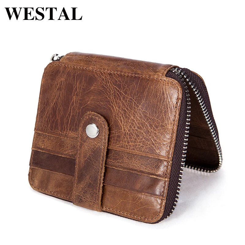 WESTAL Men Wallets Zipper Genuine Leather Wallet Men Wallets Credit