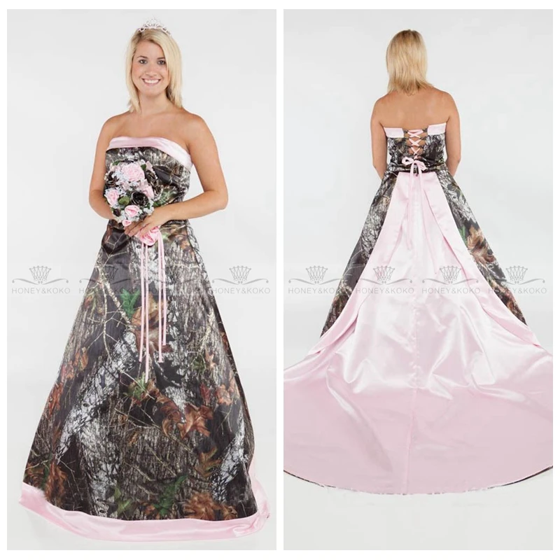 

Strapless A-Line Camo Wedding Dress With Detachable Train Pink Satin Camouflage Bridal Gowns 2019 Sexy Lace Up Back Plus Size