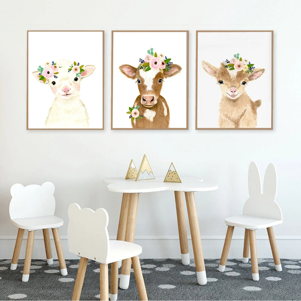 農家の花の小屋 羊 豚の壁の芸術 キャンバスの絵画 子供部屋の装飾 絵画 書道 Aliexpress