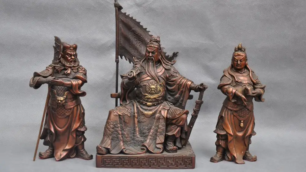 

7'' China Warrior Guangong Guan Yu Read Book & Two Bodyguards Guardian Statue
