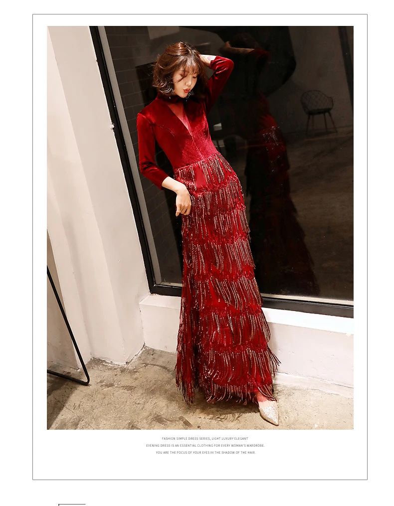 Weiyin 2019 цвет красного вина блестками вечерние платья одежда с длинным рукавом Русалка Длинные вечерние велюр вечернее платье vestido de festa Longo