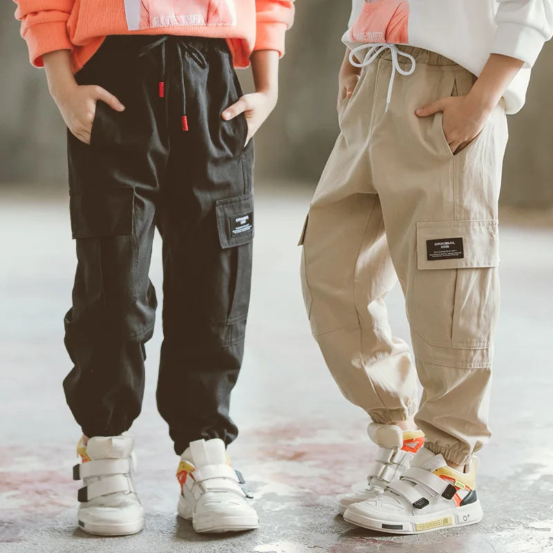 

Casual Boys Cargo Pants Autumn 2019 Pocket Trousers for Kids Cotton Children Clothing Solid Black and Khaki Pant 4t 8 12 13 Year