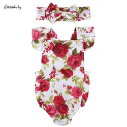 Emmababy новорожденных для маленьких девочек одежда с цветочным принтом с рюшами без рукавов принцессы с комбинезон + повязка 2 шт. женский