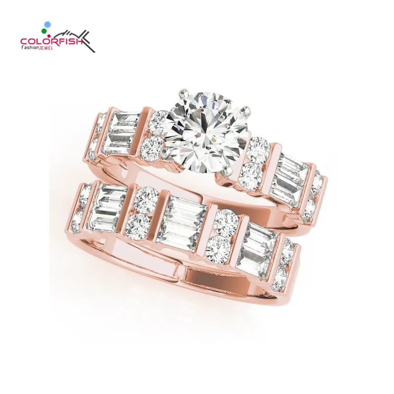 

COLORFISH Round Cut 0.75ct Cubic Zirconia Wedding Band Solitaire Engagement Ring Bridal Sets Genuine 925 Sterling Silver