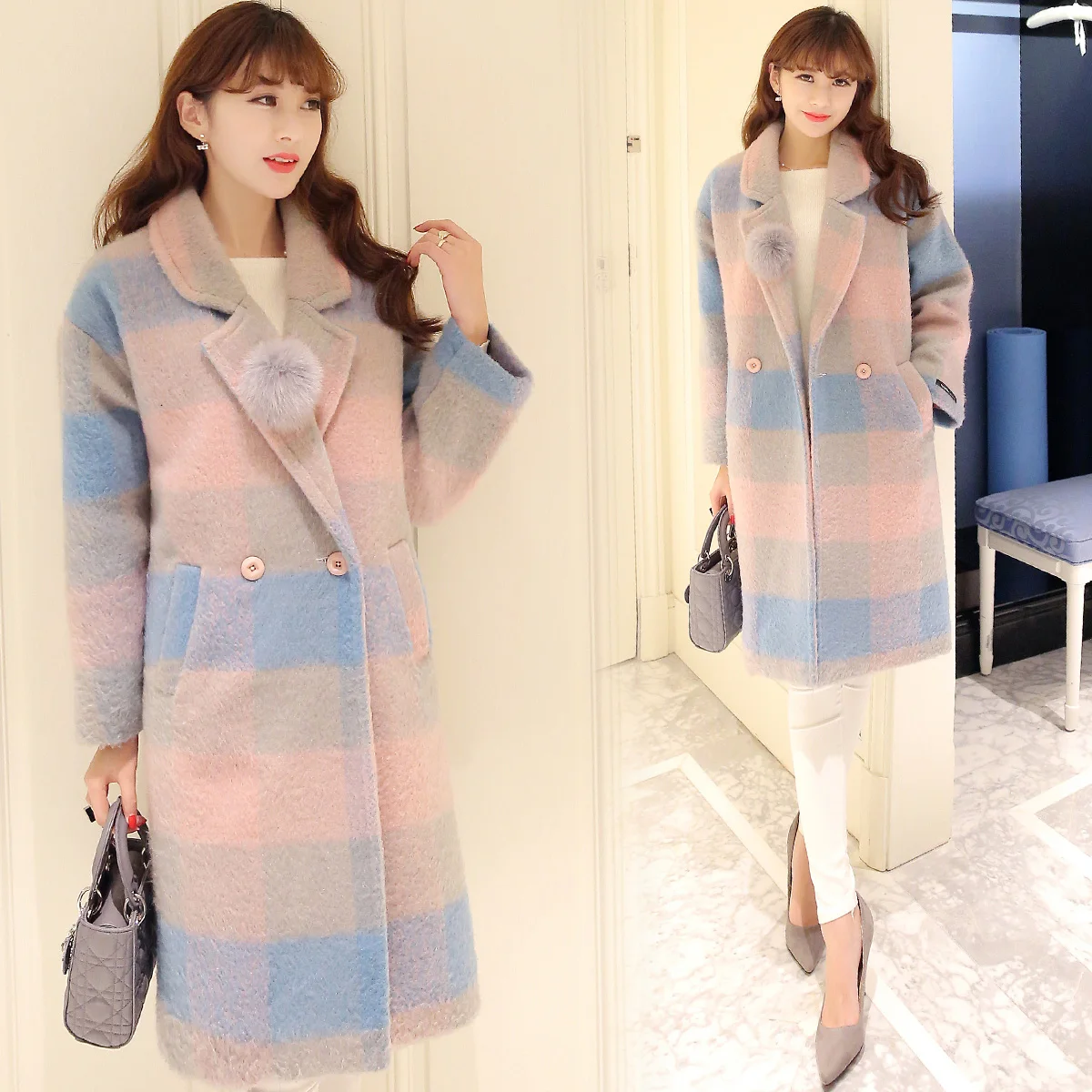 New 2017 winter sweet style fashion blue and pink contrast color double breasted plaid woollen coat women doudoune femme NDY24