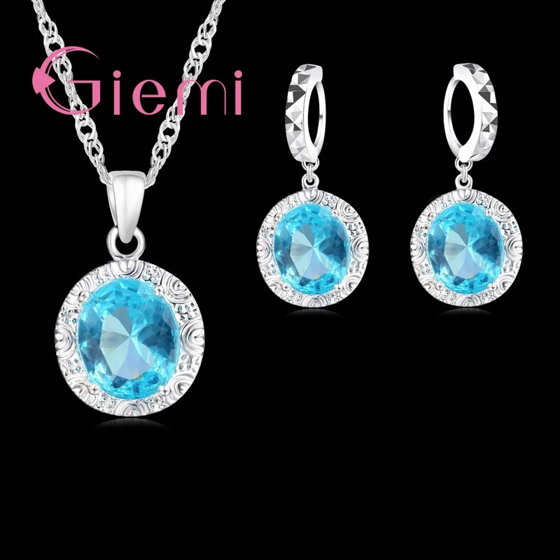 

AAA Blue CZ Crystal Jewelry Sets Romantic Luxury Round Drop Earring Necklace Set 925 Sterling Silver Gift For Women