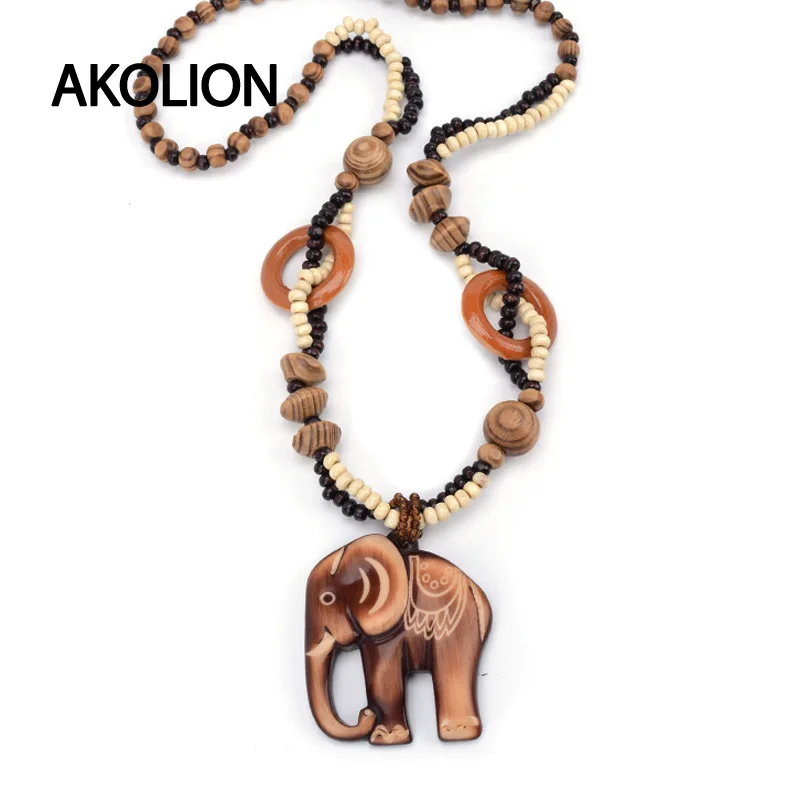 

Bohemia style Gypsy ethnic vintage lucky elephant pendant necklace long beads statement carved flower elephant boho jewelry