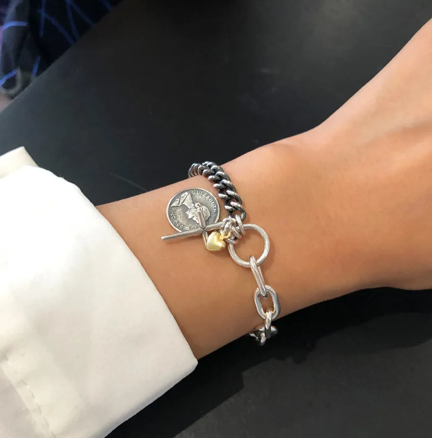 

Amaiyllis 925 Sterling Silver Handmade Craft Cross Coin Bracelet Buckle Clasp Heart Charms Bracelet For Women Beach Bangle