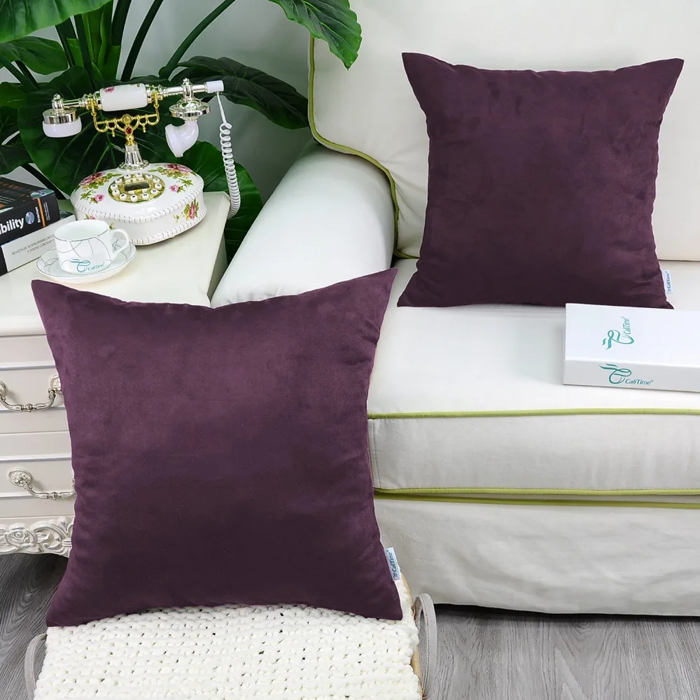 

2PCS Square CaliTime Solid Cushion Cover Pillow Shell Home Sofa Decor Super Soft Thick Heavy Faux Suede 20" X 20" Deep Purple