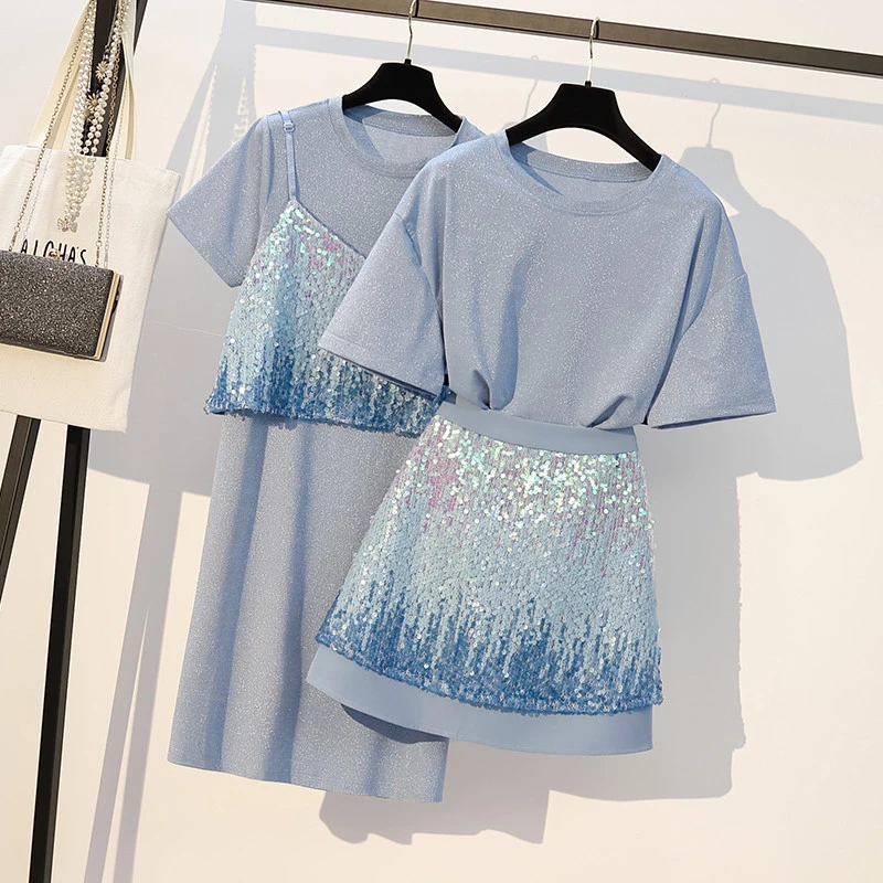 

Plus Size Women Clothing 2 Piece Set Sequined T-Shirt and sequined skirt set for women spaghetti straps tank and skirt suit