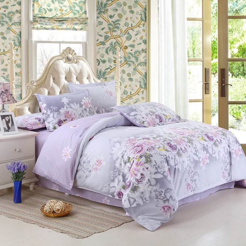 Комплект постельного белья с фиолетовыми цветами, простыня с реактивной печатью, постельное белье, хлопковое постельное белье, стеганое одеяло, покрывало для близнецов/полных/королевских размеров 22-1
