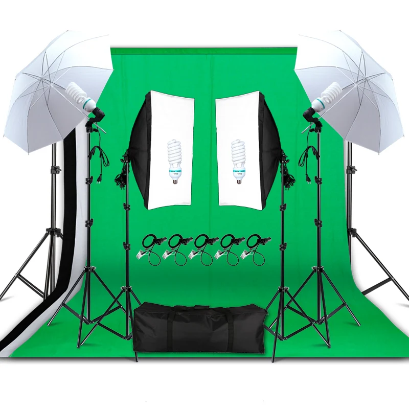 Professional Photography Lighting Equipment Kit Soft Light Umbrella Softbox Holder Light Bulbs Socket Backdrops Photo Studio Kit